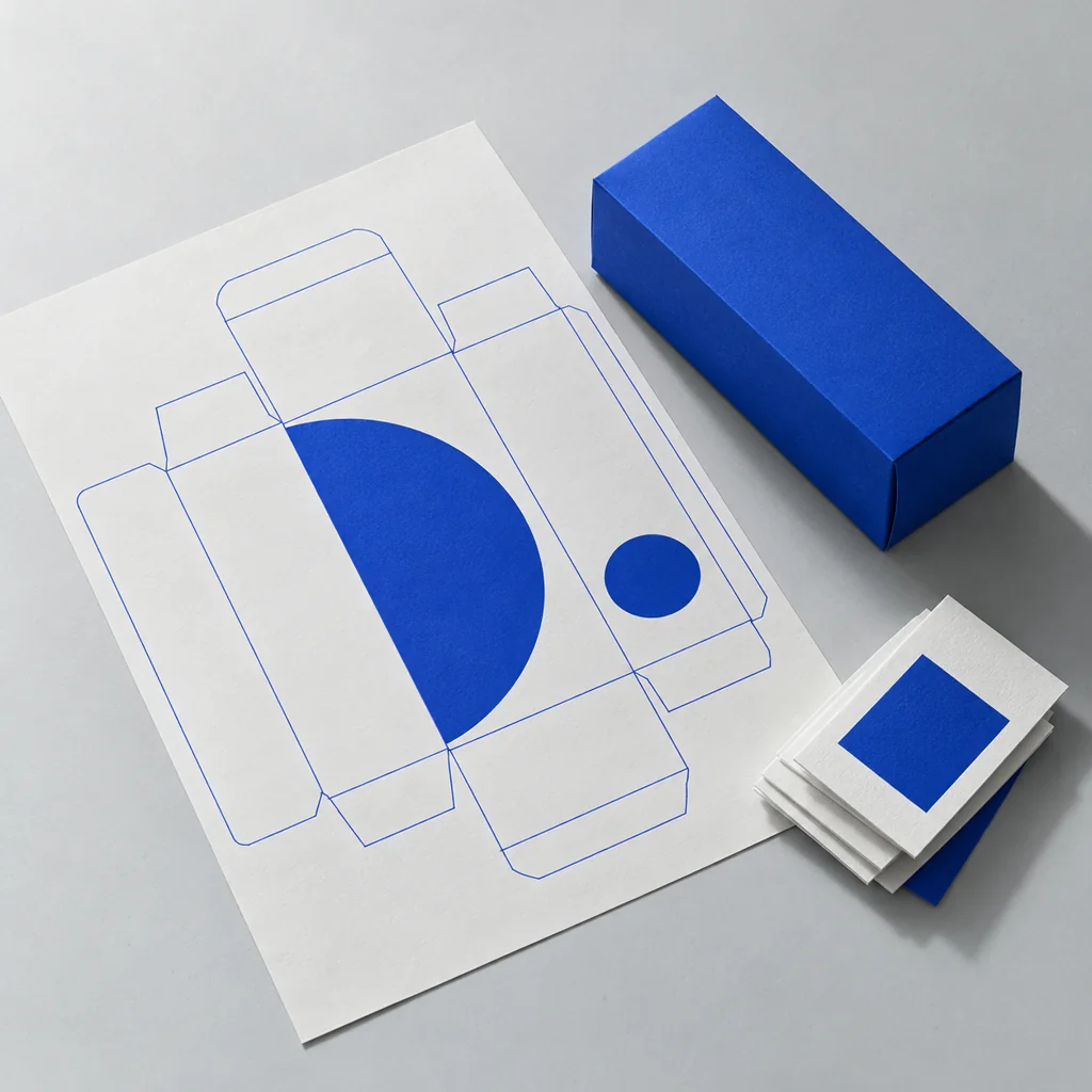 An illustrative product packaging study with blue boxes and printed materials