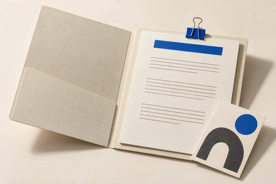 An open ivory folio with an orderly information sheet, a cobalt binder clip and an abstract picture card.