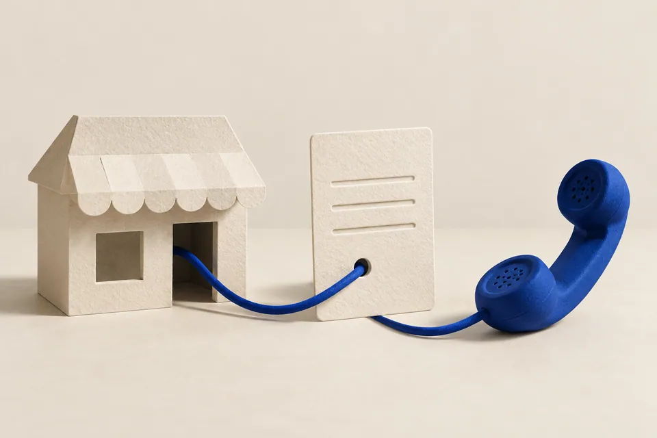An ivory paper shop and business information card connected by a cobalt cord to a blue telephone handset.