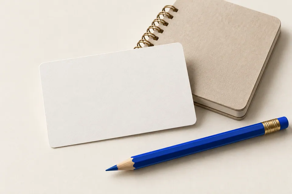 Blank listing card and notebook beside a cobalt pencil; a conceptual illustration.